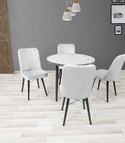 ROYAL MERMER GREY ROUND TABLE WITH 4 VELVET CHAIRS