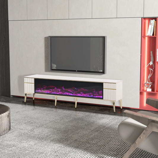 Ates Electric Fireplace TV Stand (White & Gold)