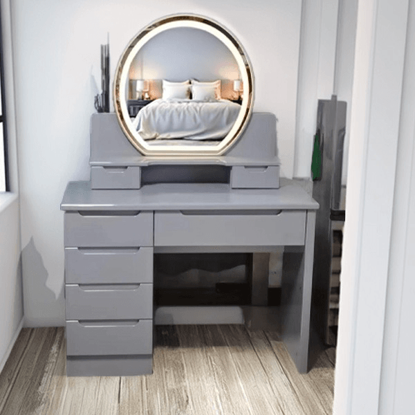 High Gloss Dressing Table with LED Circular Mirror &amp; Stool