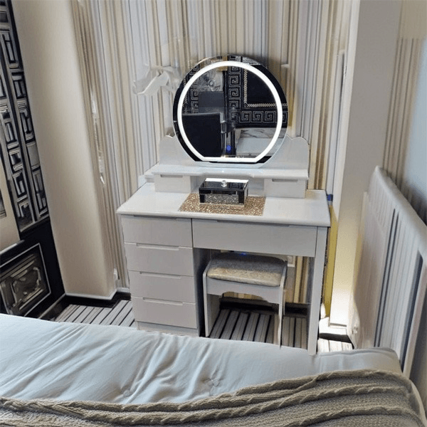 High Gloss Dressing Table with LED Circular Mirror &amp; Stool