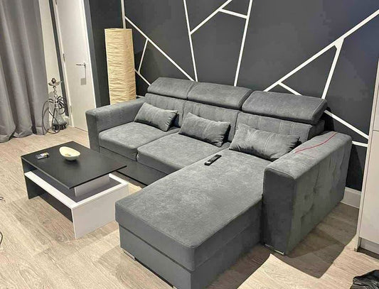 Luca Corner Sofa Bed with Storage in Grey & Blue - Modern Design, Adjustable Headrest, Universal