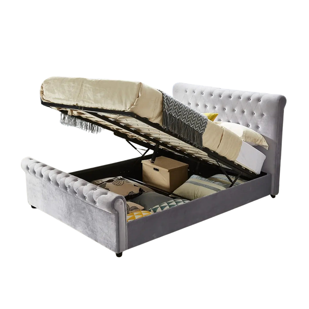 Plush Velvet Sleigh Ottoman Storage Bed