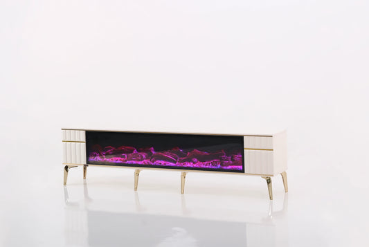 Ates Electric Fireplace TV Stand (White & Gold)