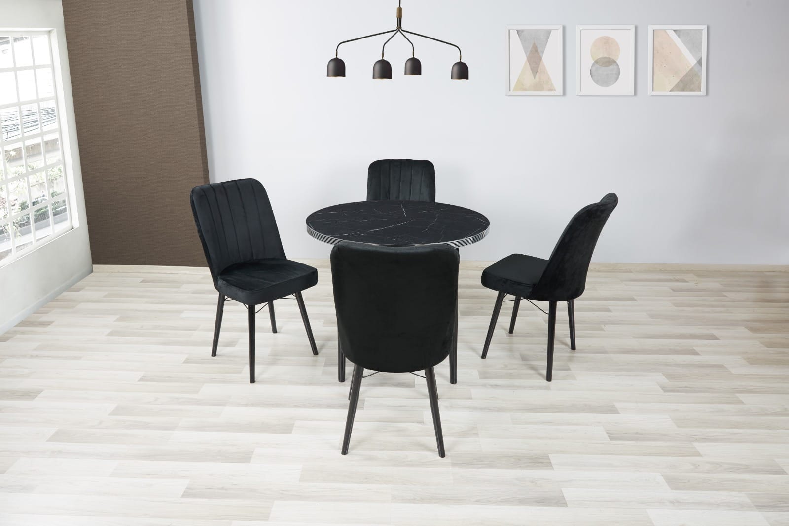 ROYAL MERMER BLACK ROUND TABLE WITH 4 VELVET CHAIRS