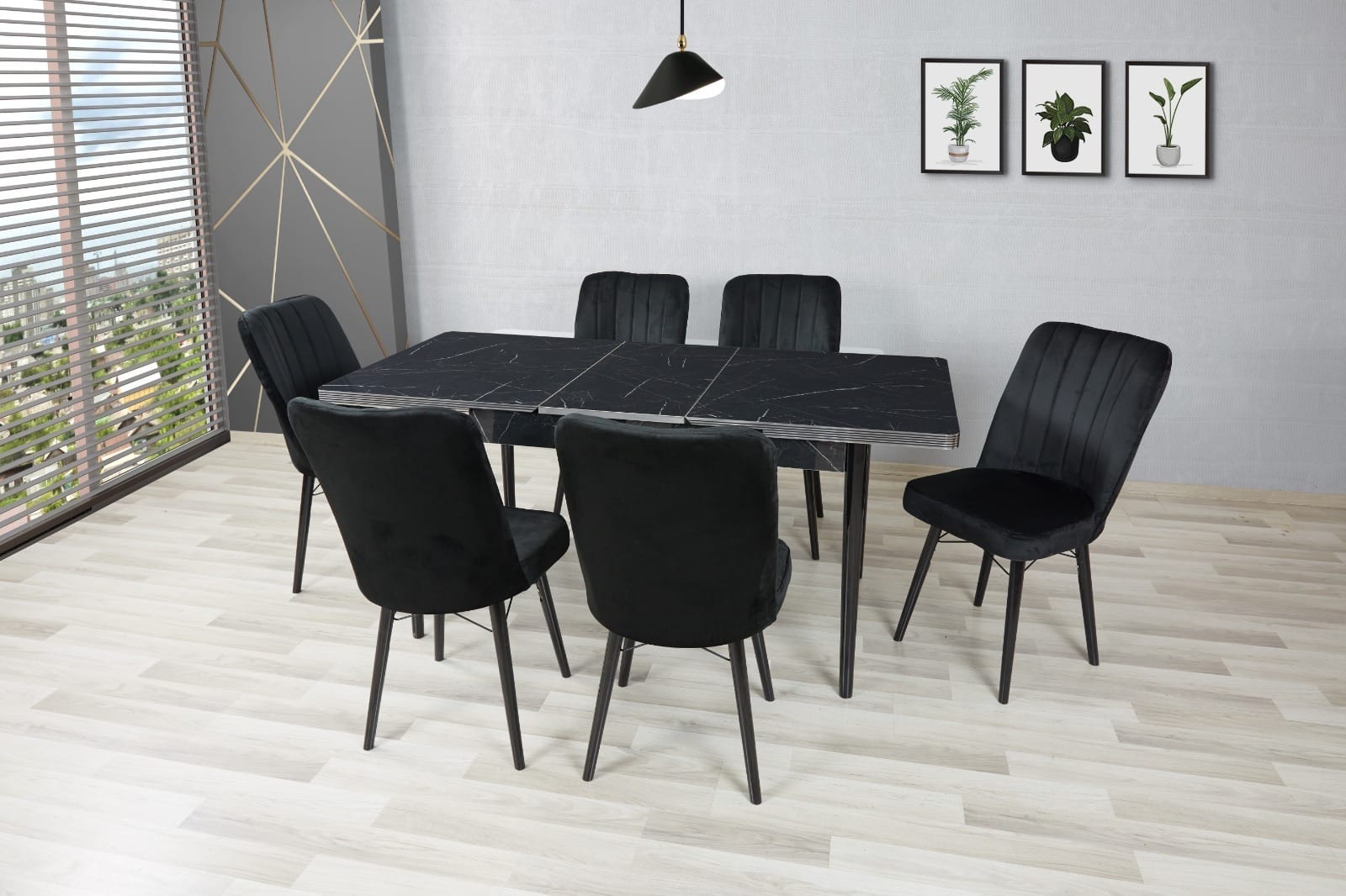 Black Wooden Extendable Dining Table with 6 Chairs