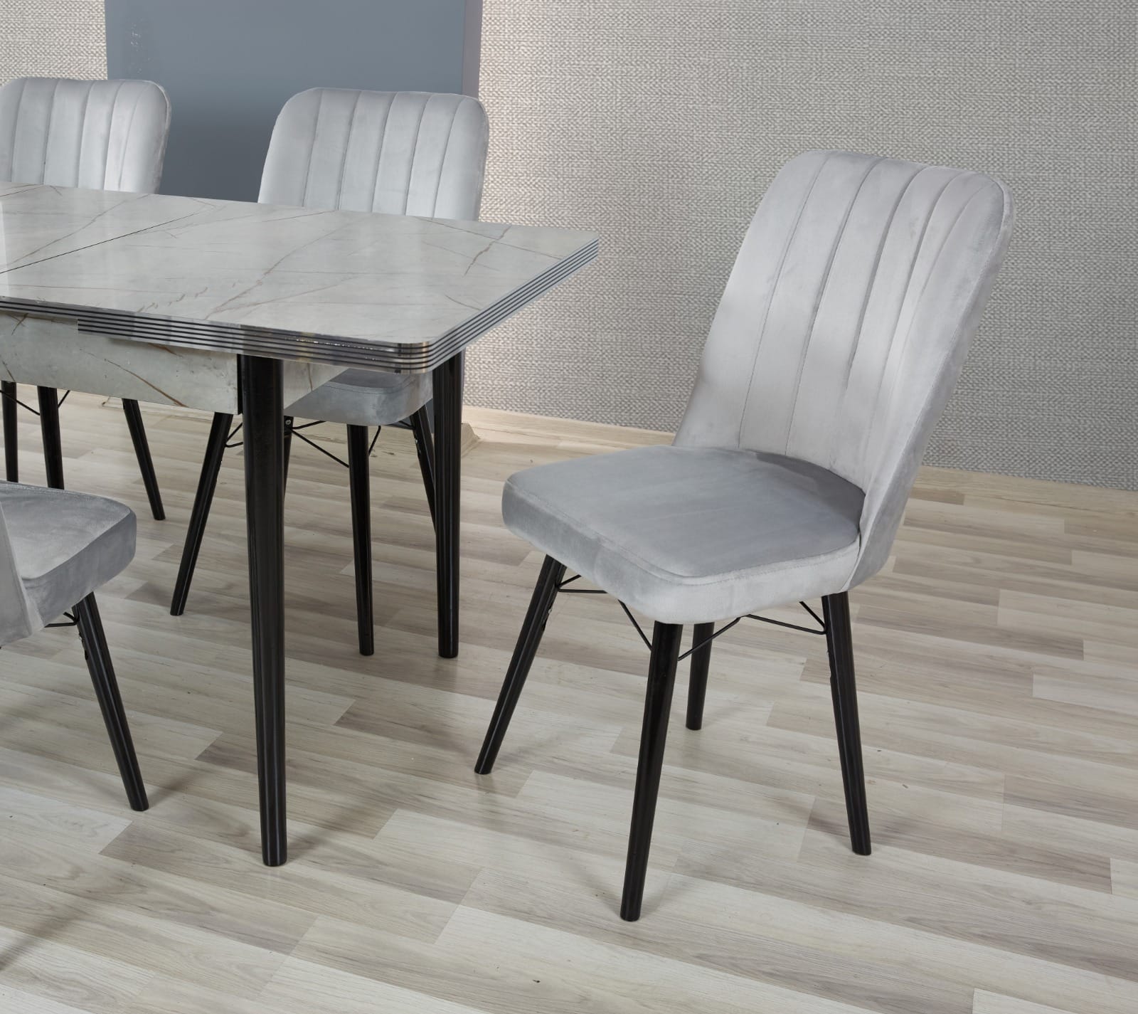 GREY WOODEN DINING TABLE WITH 6 CHAIRS