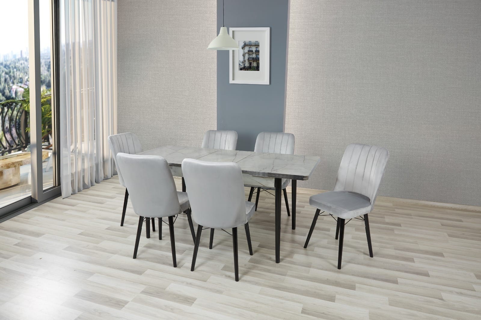 GREY WOODEN DINING TABLE WITH 6 CHAIRS